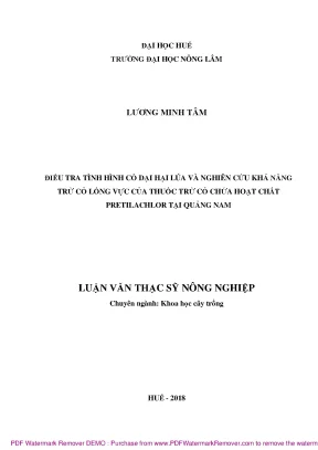 Luận văn thạc sĩ điều tra tình hình cỏ dại hại lúa và nghiên cứu khả năng trừ cỏ lồng vực của thuốc trừ cỏ chứa hoạt chất pretilachlor tại quảng nam
