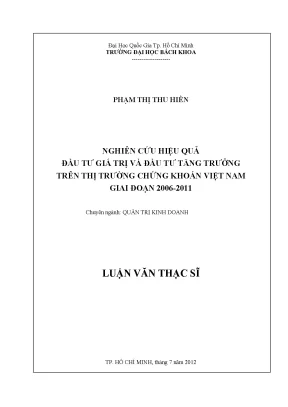 Luận văn thạc sĩ quản trị kinh doanh nghiên cứu hiệu quả đầu tư giá trị và đầu tư tăng trưởng trên thị trường chứng khoán việt nam giai đoạn 20062011