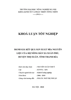 Kết quả sản xuất mía nguyên liệu của hộ nông dân xã Xuân 