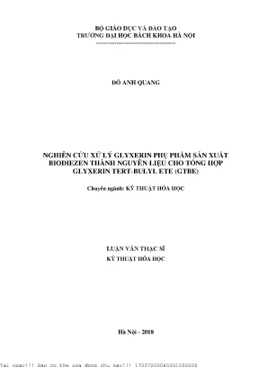 Nghiên Cứu Xử Lý Glyxerin Phụ Phẩm Sản Xuất Biodiesel