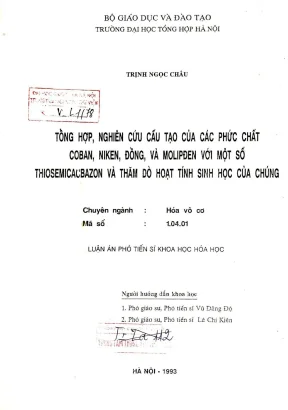 Nghiên Cứu Cấu Tạo và Hoạt Tính Sinh Học của Các Phức 