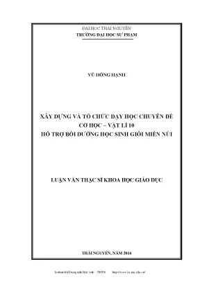 Xây Dựng Chuyên Đề Cơ Học Vật Lý 10 Hỗ Trợ Học Sinh Giỏi 
