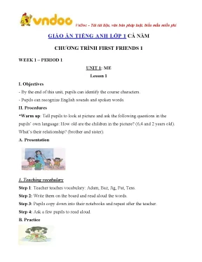 Giáo án tiếng Anh lớp 1 sách First Friends 1 miễn phí