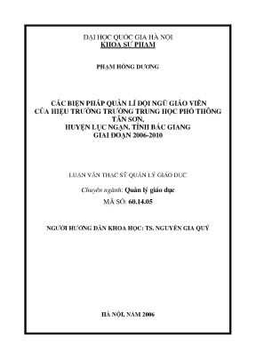 Quản lý đội ngũ giáo viên tại trường THPT Tân Sơn, Bắc