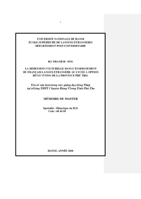 Luận văn thạc sĩ la dimension culturelle dans lenseignement du francais langue étrangère au lycée à option hung vuong de la province phú thọ
