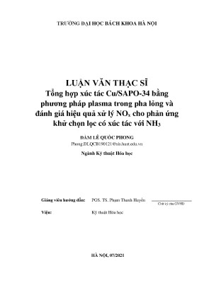 Tổng hợp xúc tác Cu/SAPO-34 bằng plasma để xử lý NOx