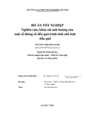 Đồ án đồ án tốt nghiệp nghiên cứu khảo sát ảnh hưởng của một số thông số đến quá trình tinh chế tinh dầu quế